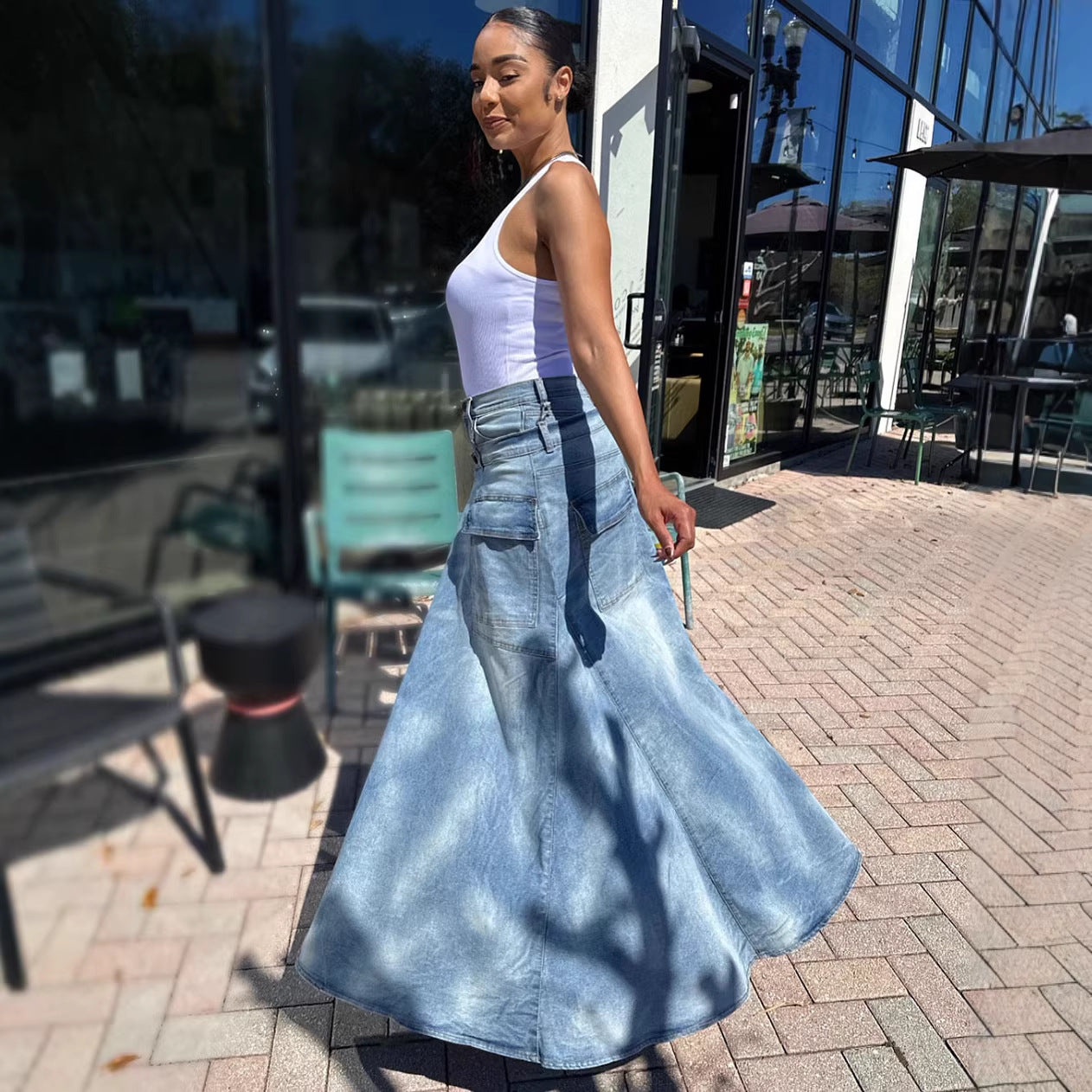 Women's faux two-piece denim pants skirt, street fashion symmetrical slit denim pants