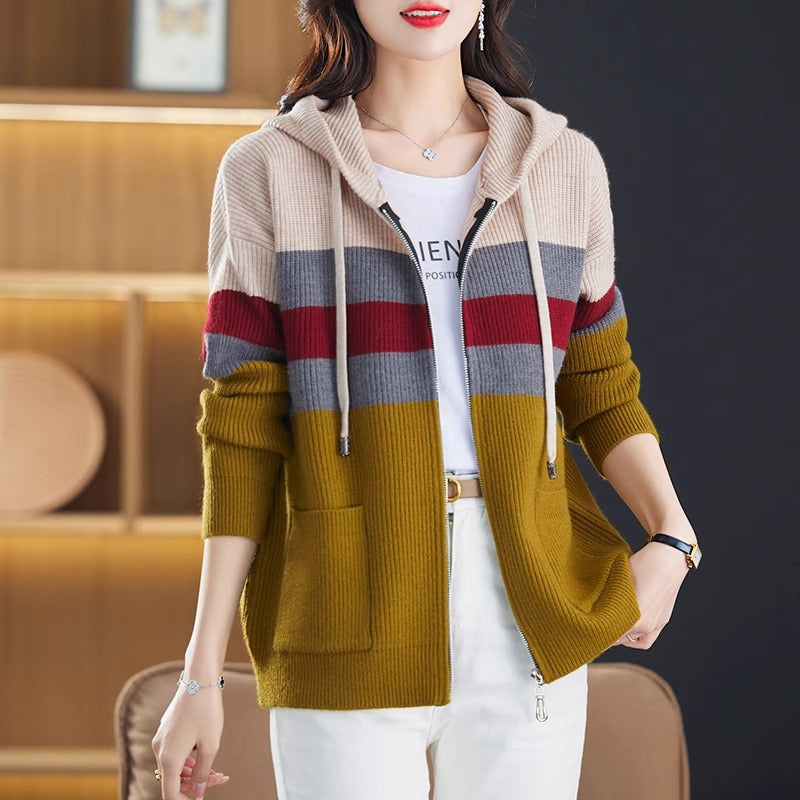Striped Double Zipper Hooded Knit Cardigan for Women, Loose Slim Fit Sweater Top Outerwear