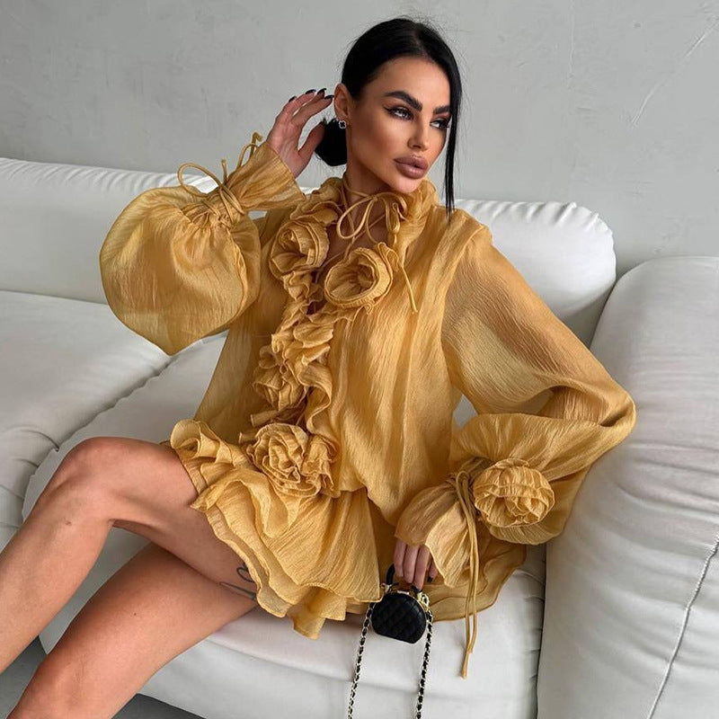 Flower Lantern Sleeve Blouse and Shorts Set