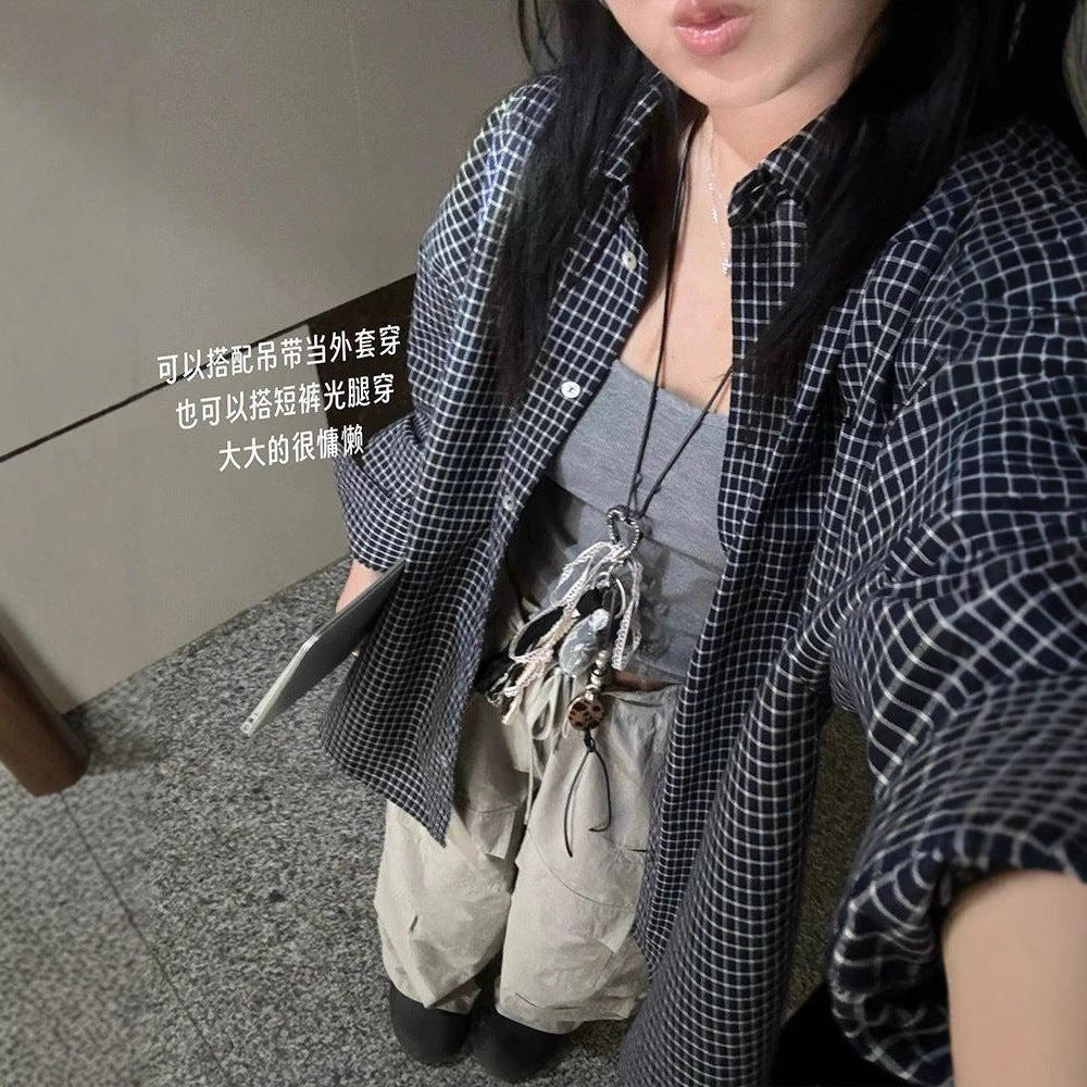Black Plaid Long Sleeve Shirt Women's Turn-Down Collar Thin  Style Loose Casual Blouse Jacket