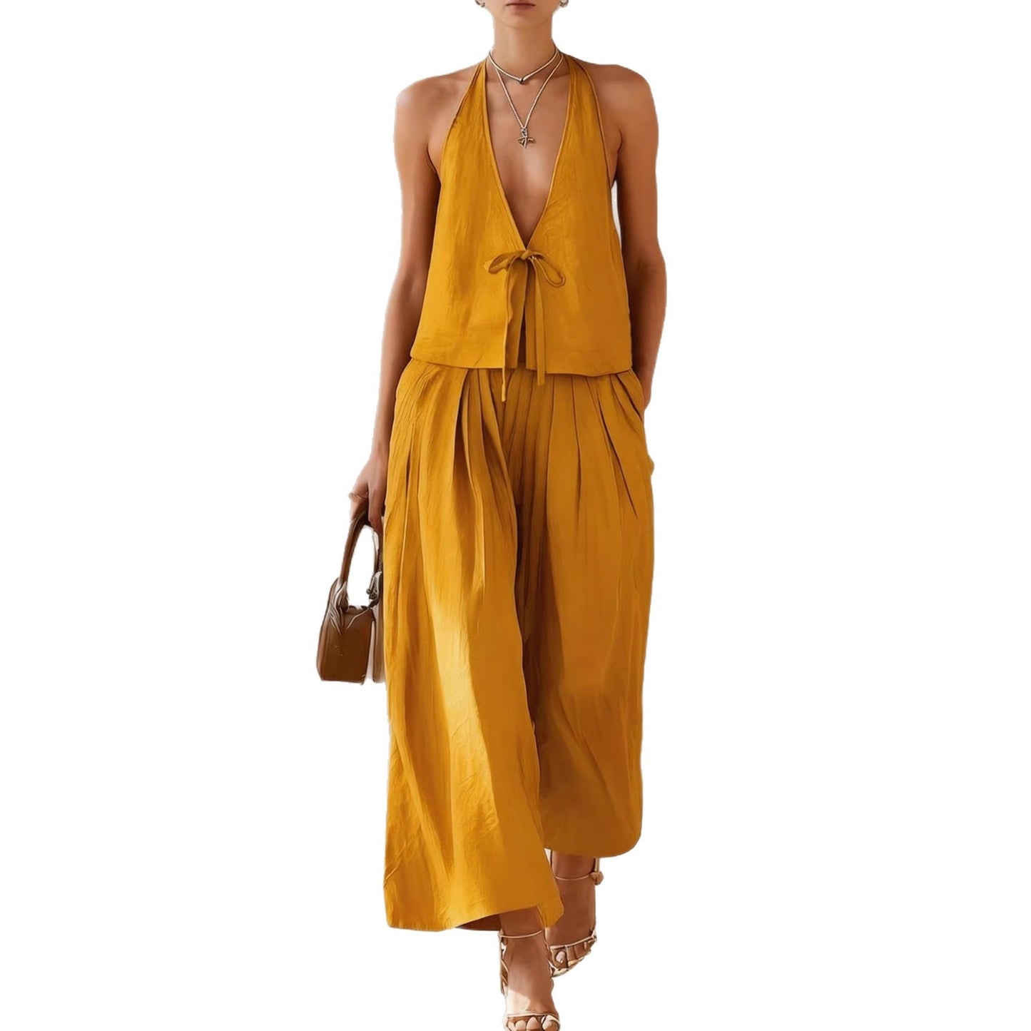 Style Solid Color Sleeveless Casual Loose Fit Two-Piece Set Tank Top amp Wide-Leg Pants Women's Outfit