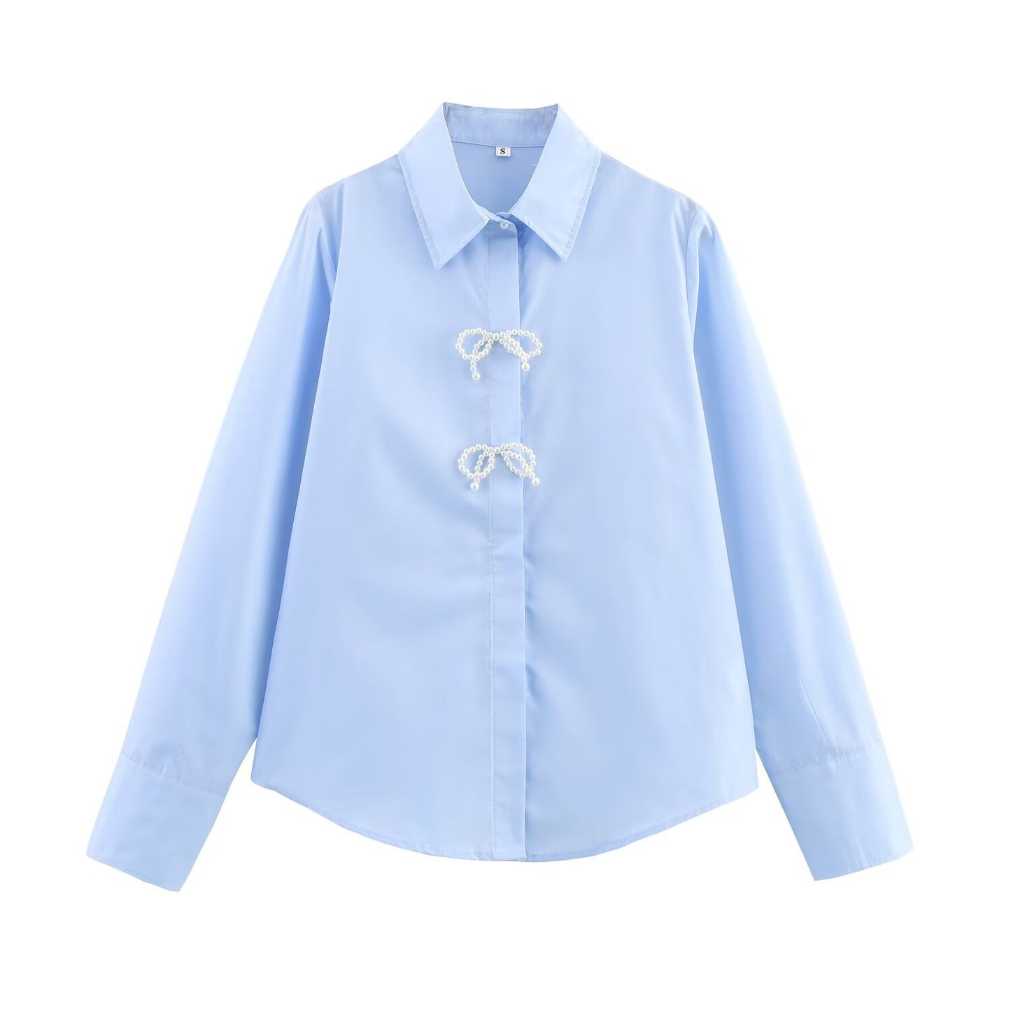 Casual collar long sleeved single breasted bow tie blue shirt top for women