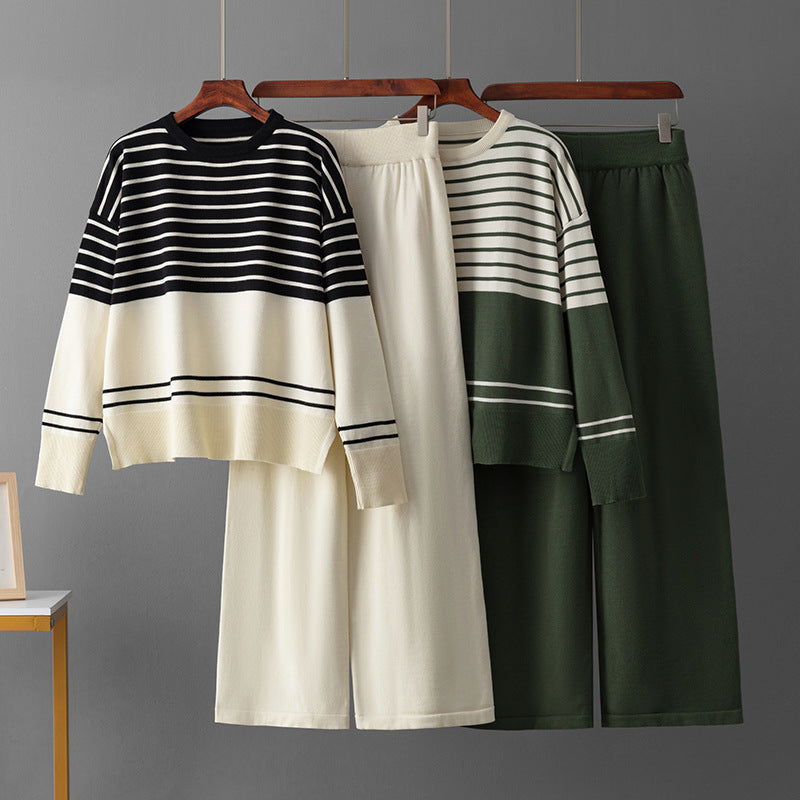 Two piece striped round neck sweater set
