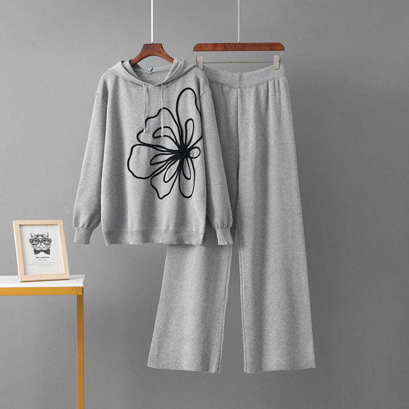 Long sleeved flower sweater wide leg pants two-piece set
