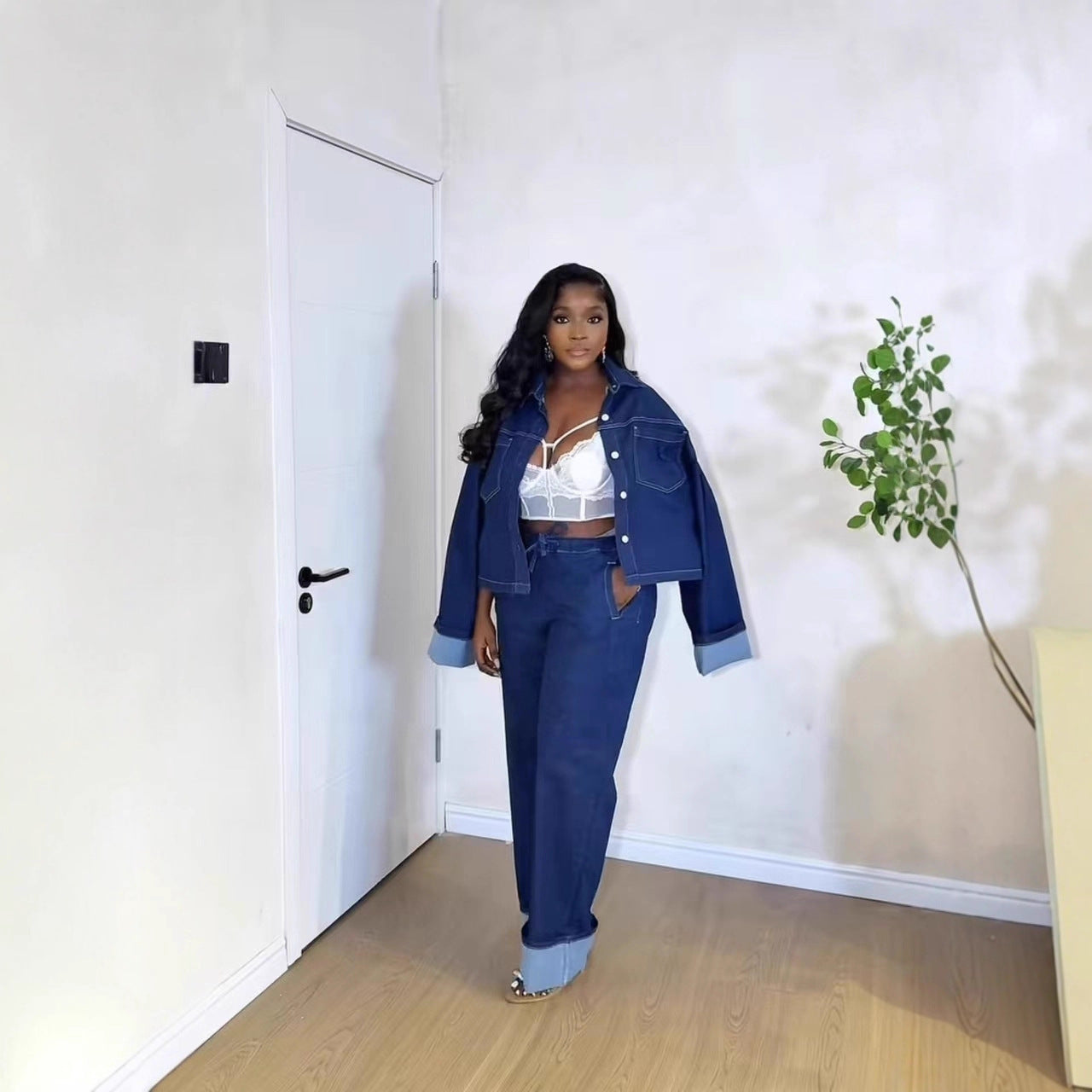 Vintage Button-Down Long Sleeve Workwear Denim Pants for Women