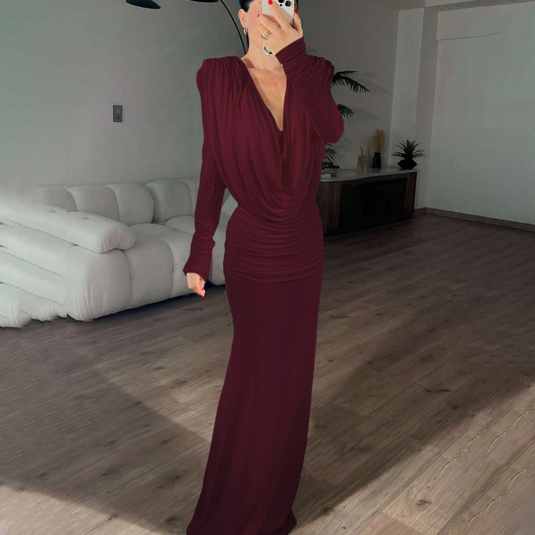 Backless swing collar slim fit pleated solid color long sleeved dress