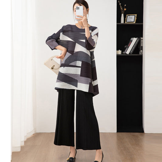 Autumn and winter women's clothing trend set, women's fashion two-piece set, new printed mid length top, wide leg pants