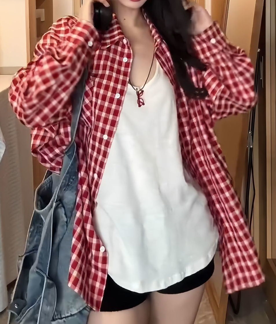 Retro Red Plaid Shirt Jacket Loose Casual Lazy Long Sleeve Sunscreen Blouse Top