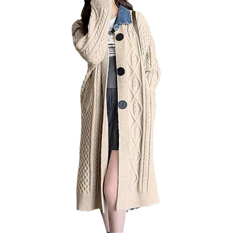 Women's Knitting Cardigan Denim Collar Pockets Big Buttons Loose Pockets Long Sweater Coat  Autumn New Fashion