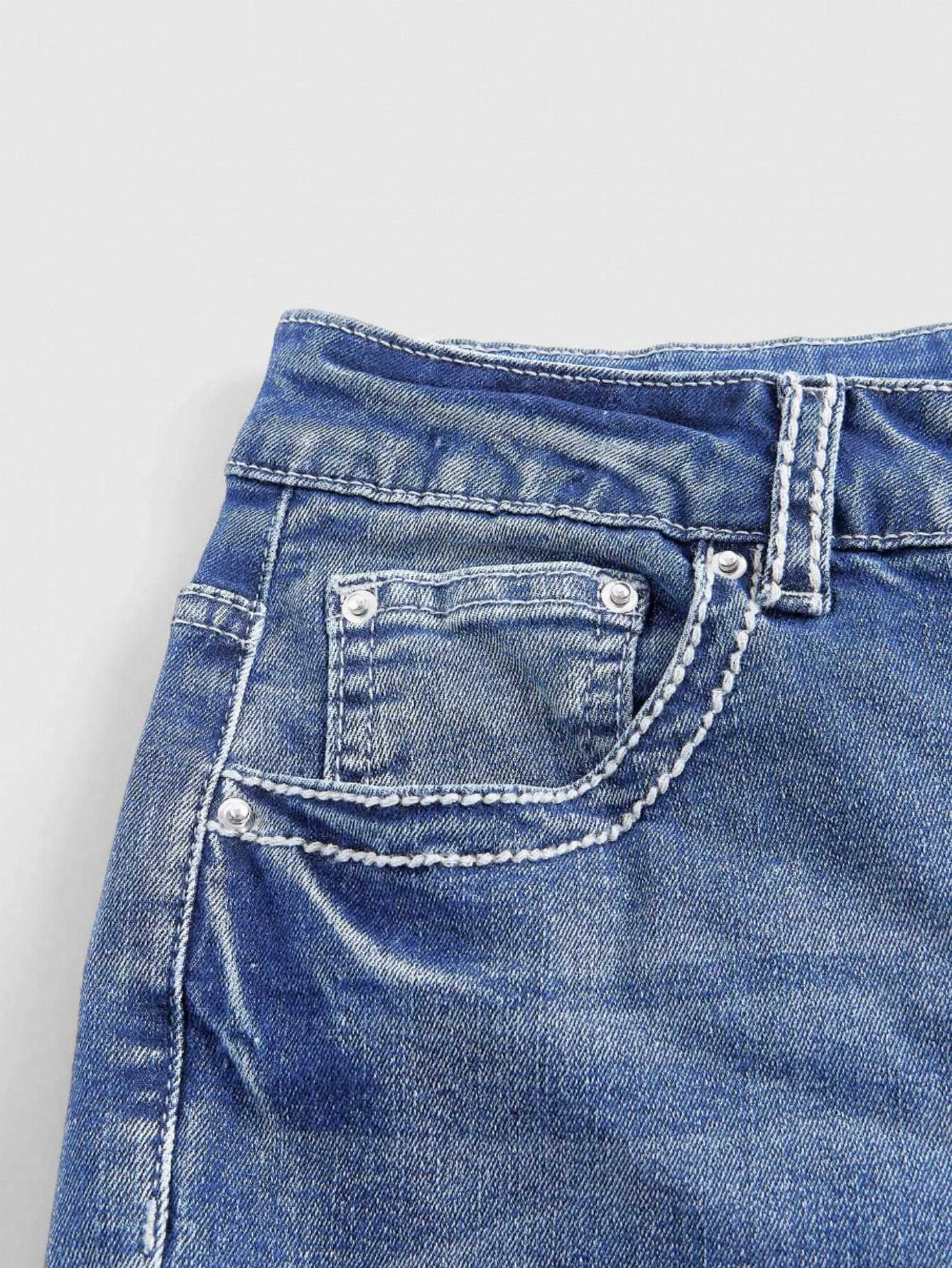Blue Denim Long Pants with Embroidery Design