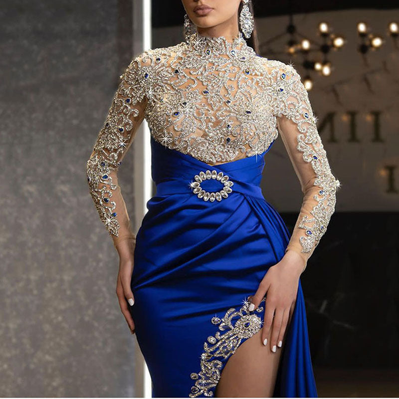 Elegant Blue Gold-Sprinkled Round Neck Long Dress for  Formal Evening Gown