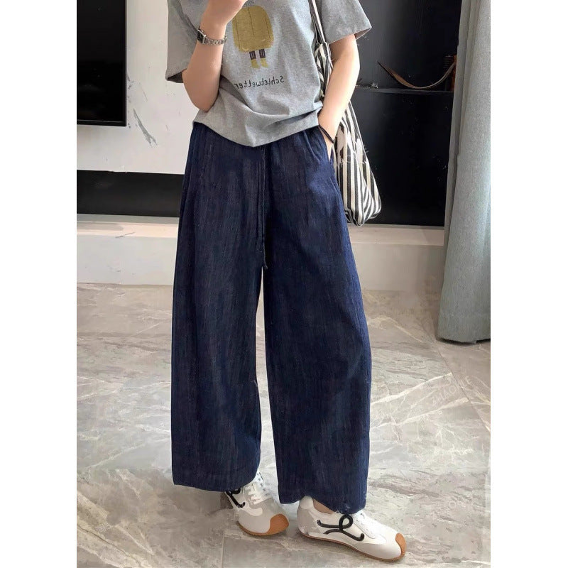 Deep Blue Linen Wide-Leg Pants for Women Summer Lightweight Loose Slimming Relaxed Straight Leg Trousers