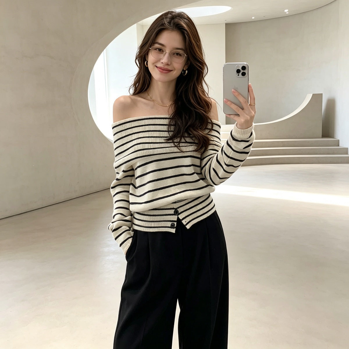 Single neck off shoulder striped sweater for women