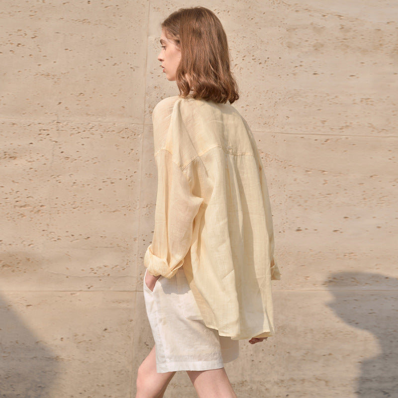 Pure Ramie Blouse High-end Women's French Sunscreen Loose Cardigan Turn-down Collar Long-sleeved Thin Shirt