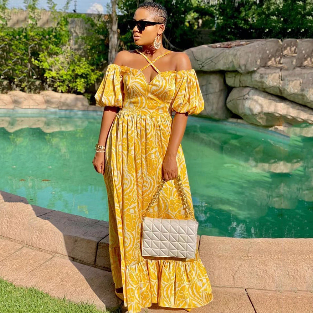 Printed V-Neck Backless Split Maxi Dress for Women