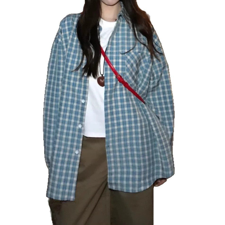 Vintage Plaid Shirt Women's  Thin Loose Collar Sunscreen Long Sleeve Blouse Outerwear Trendy