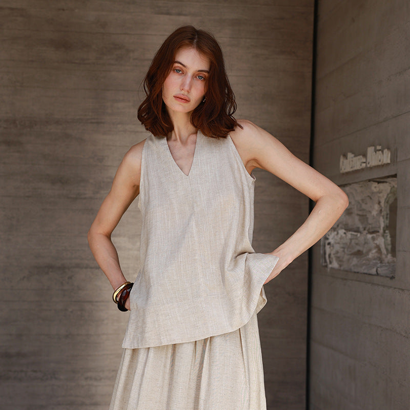 Linen V-Neck Halter Tank Top for Women Summer Vacation Strapless Blouse Tee