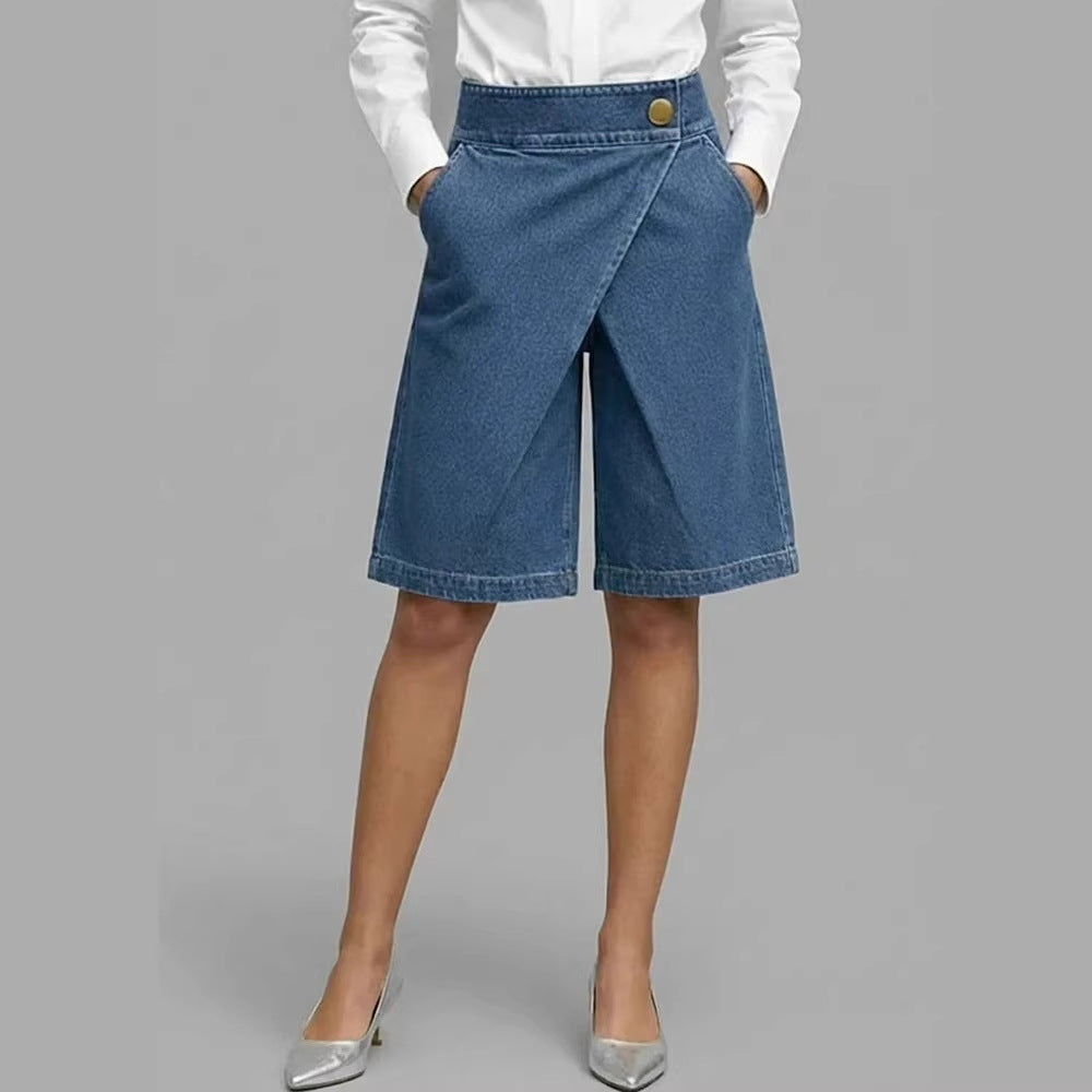 Asymmetric Denim-Style Five-Pocket Women's Shorts  Fashion Casual Style