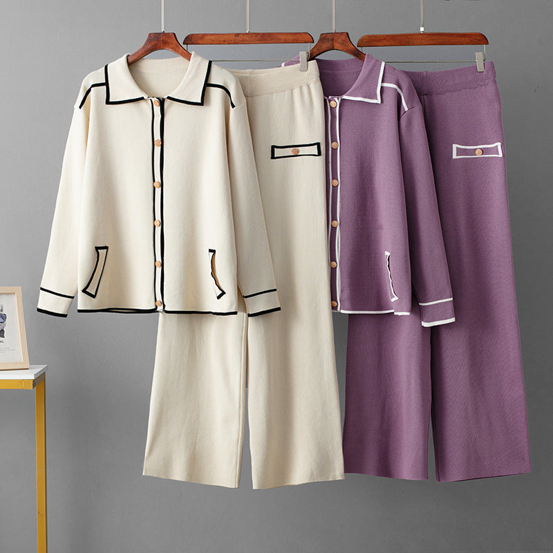Polo collar sweater wide leg pants two-piece set