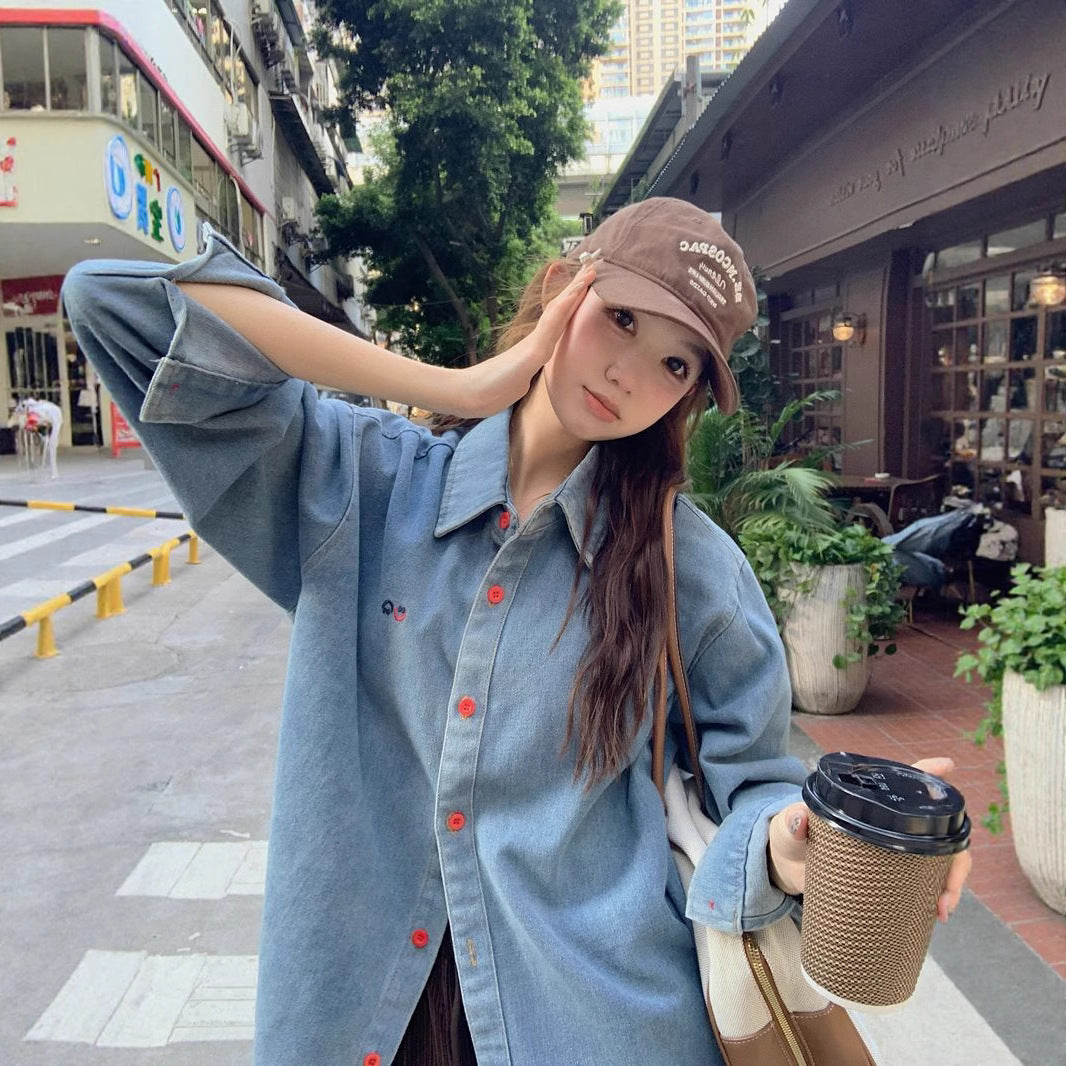 Style Blue Denim Shirt Women's  Loose  Versatile Casual Polo Collar Long Sleeve Jacket