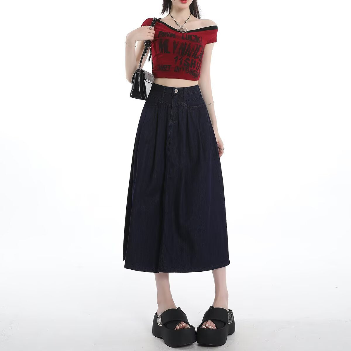Navy Blue Denim Skirt for Women