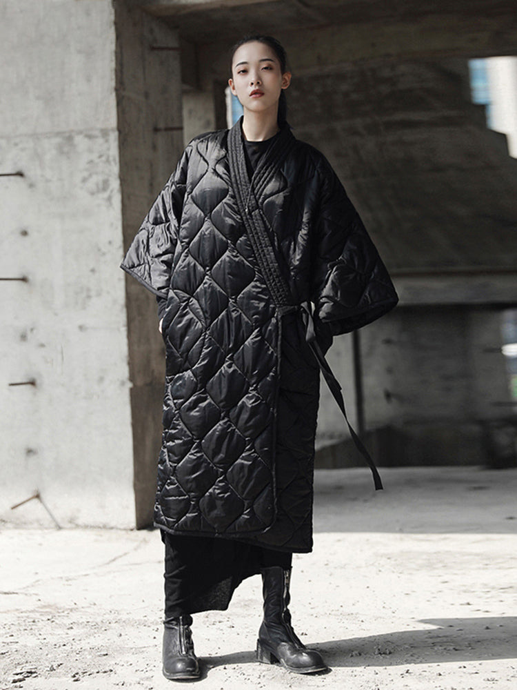 New Black Kimono Bandage Nightgown Women's One-Piece Down Cotton Padded Jacket Large Gourd Pattern Coat
