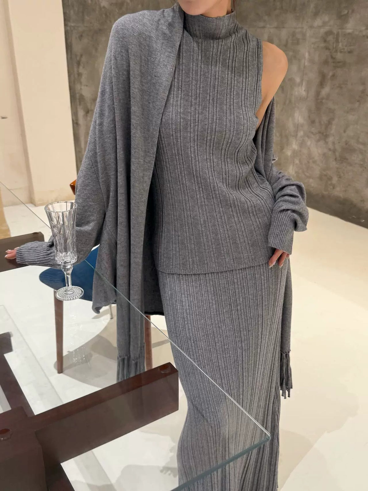 Tassel Bat Sleeve Top Skirt 3-Piece Set