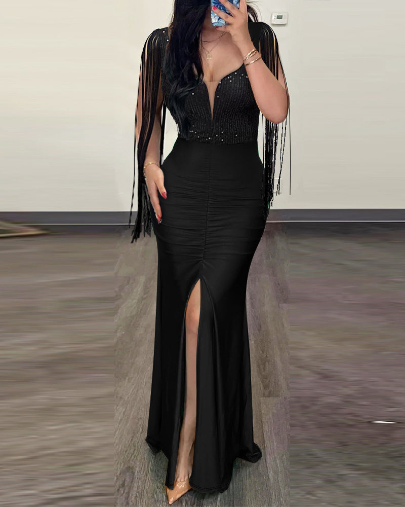 Beaded Bodycon Sexy Dress Round Neck Slit Fringe Sleeve Pleated Evening Gown