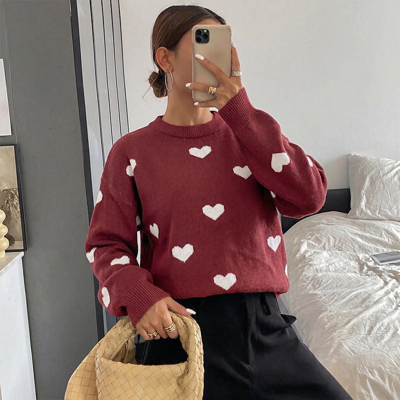 Love jacquard round neck loose sweater