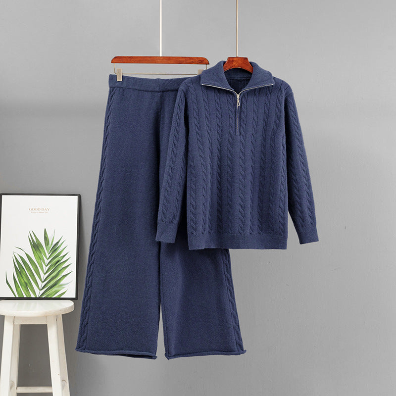 Half zip sweater loose wide leg pants two-piece set for women