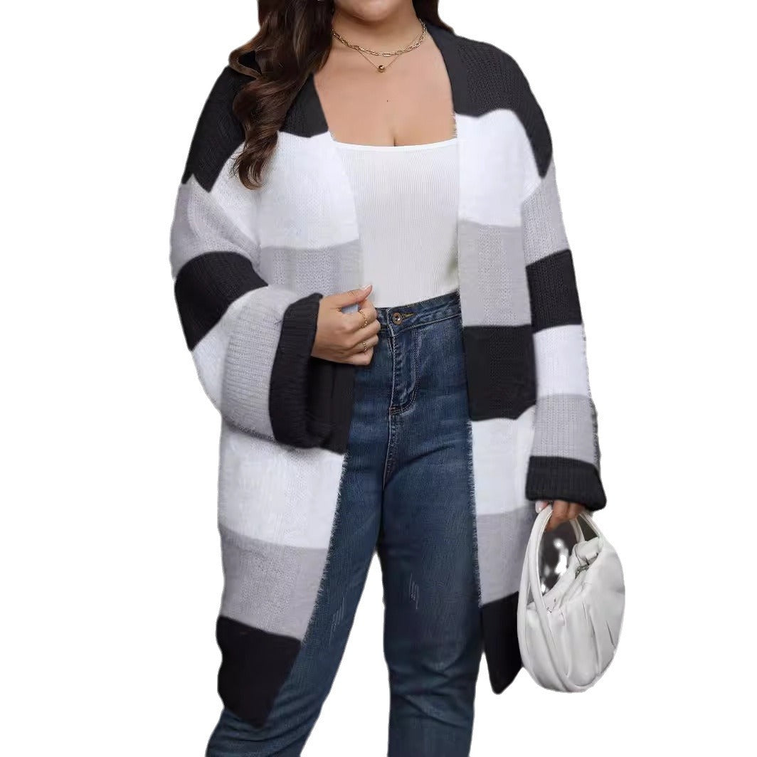 Ladies' Open Front Cardigan, Oversized Women's Sweater Coat with Color Block Splicing