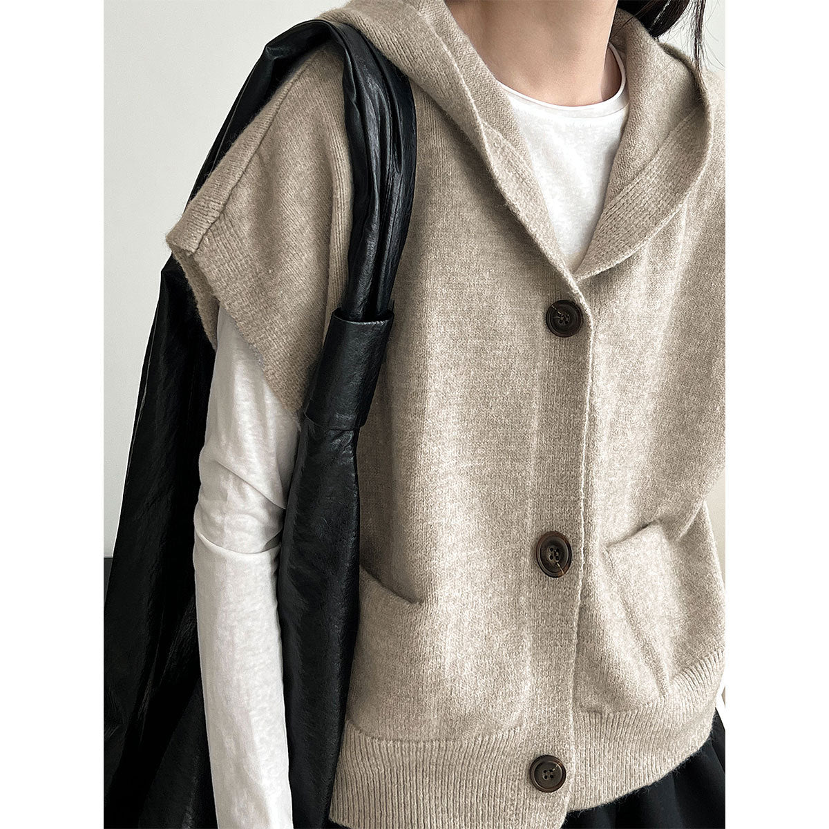 Loose Oversized Hooded Sleeveless Knit Cardigan for Women, Autumn New Layering Short Vest
