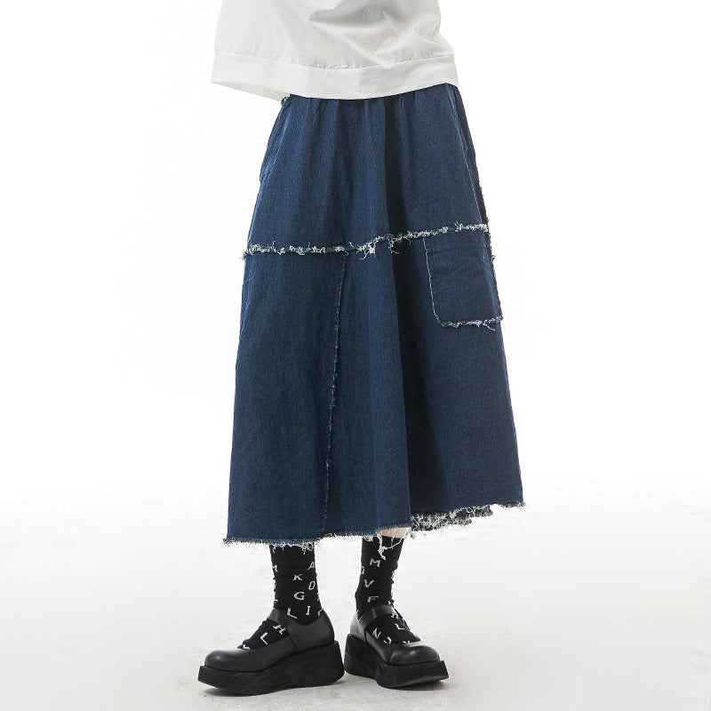 High Elastic Waist Blue Denim Burr Long Casual Vintage Half-body Skirt Women Fashion Tide New Spring Autumn