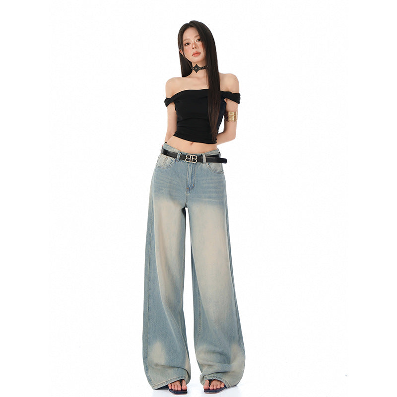 Tencel Wide-Leg Jeans Women Retro Vintage Popular Loose Straight Floor-Length Denim Pants