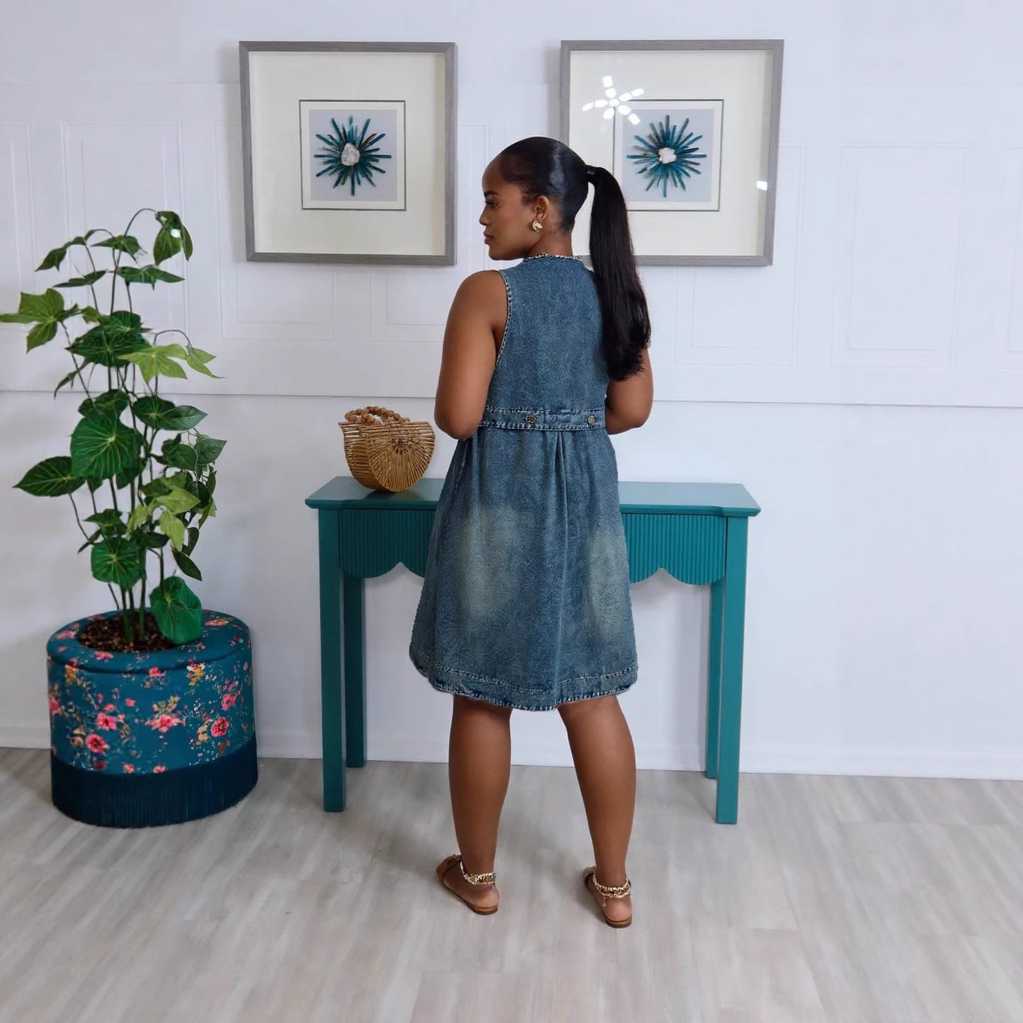Casual Practical Double Pocket Mid-Length Denim Dress