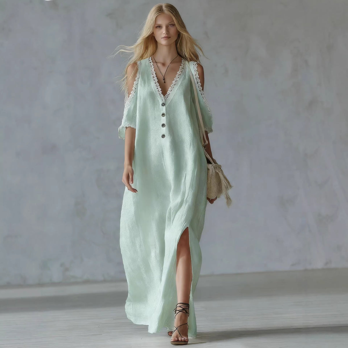 Style Lace Trim Loose Off-Shoulder Casual Women's Dress Long Dress