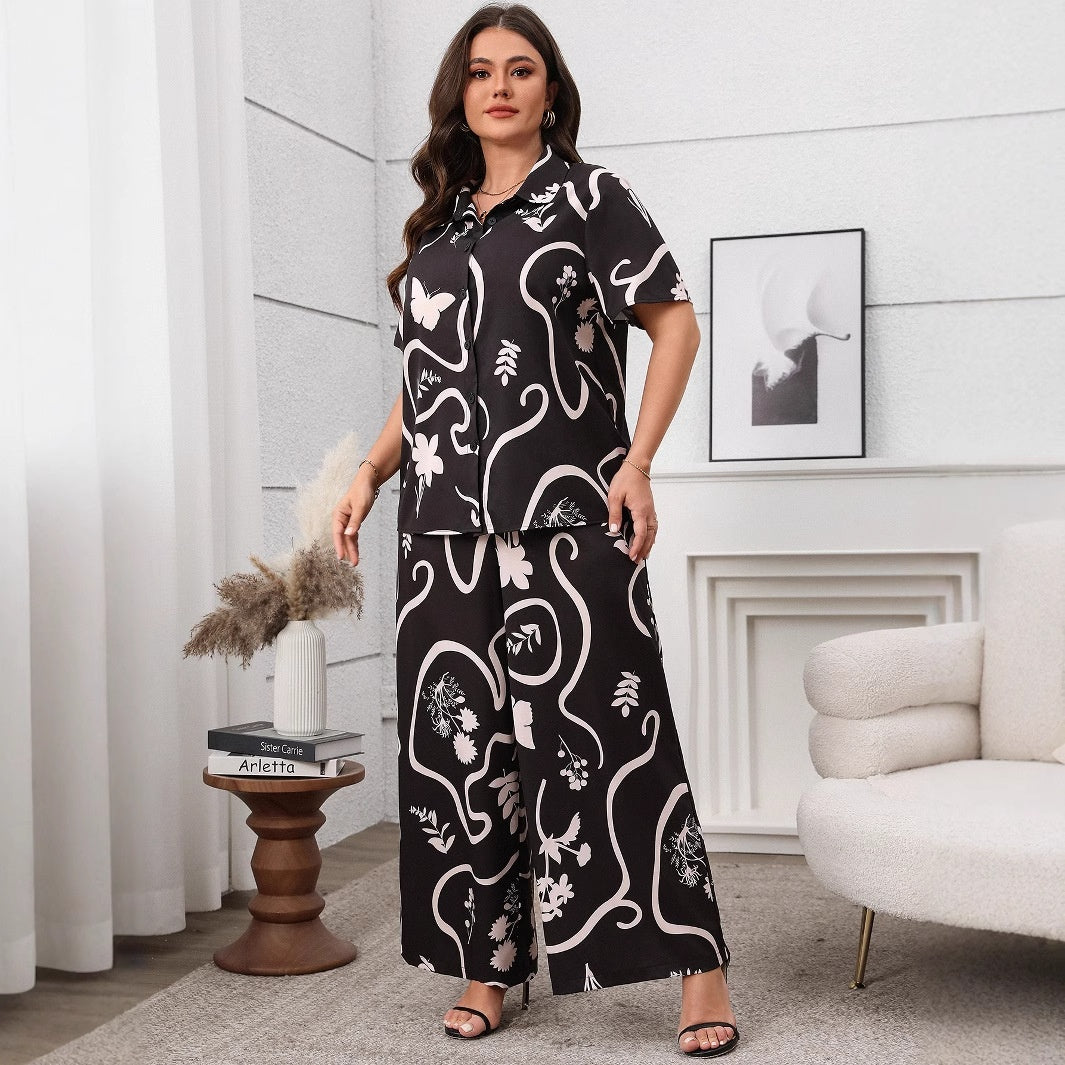 Women's Plus Size Printed Loose Short Sleeve Cardigan and Wide Leg Pants Set