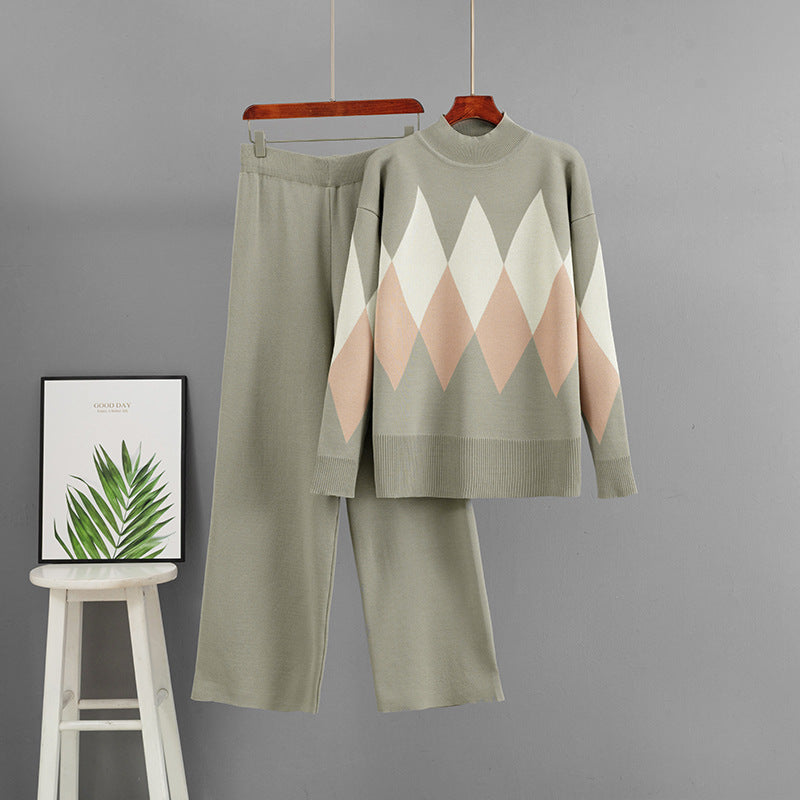 Loose round neck sweater wide leg pants two-piece set for women
