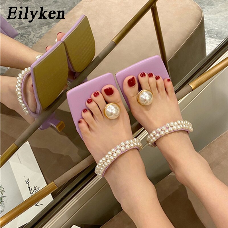 Fashion String Bead Womens Slippers Summer Outdoor Square Toe Flip Flops Pearl Decoration Sandals Femme Low Heel Shoes