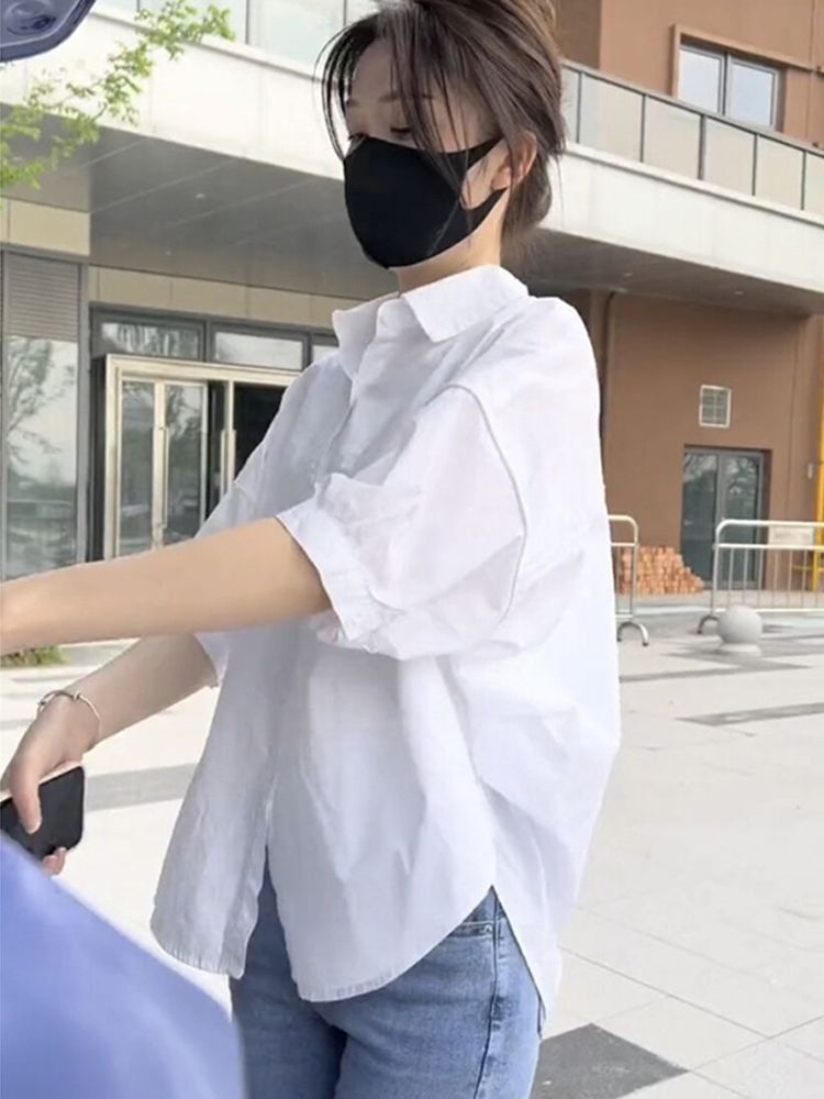 White Short Sleeve Shirt Women's Arrival Elegant Blouse Casual Loose Slimming Design Sense Unique Top Trendy