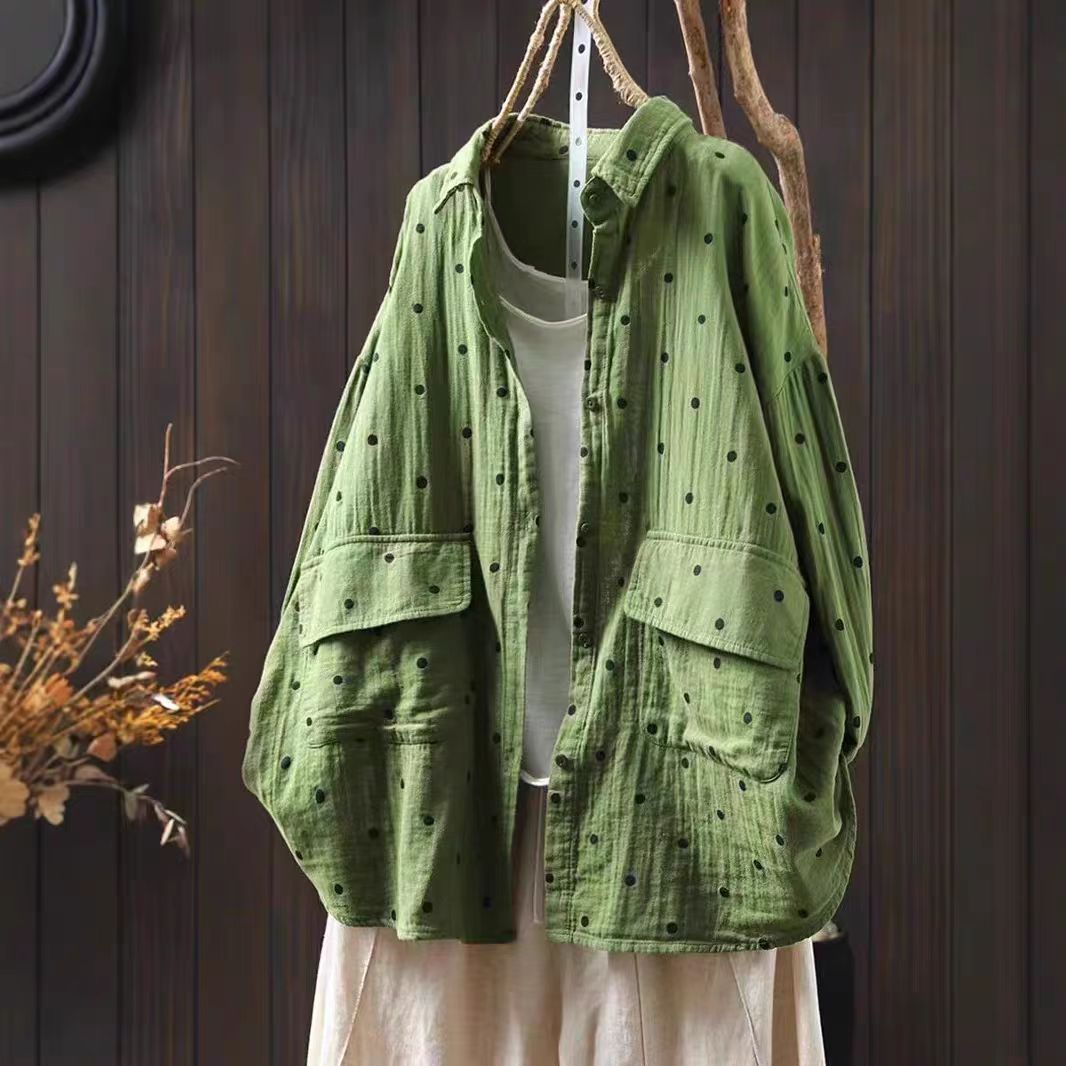 Loose Collar Cotton Shirt Women's Literary Slimming Long Sleeve Jacket Printed Outerwear