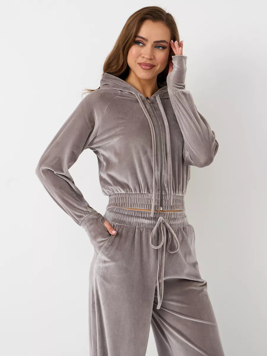 Women's Solid Color Zip-up Hoodie and Drawstring Pants Two-Piece Set