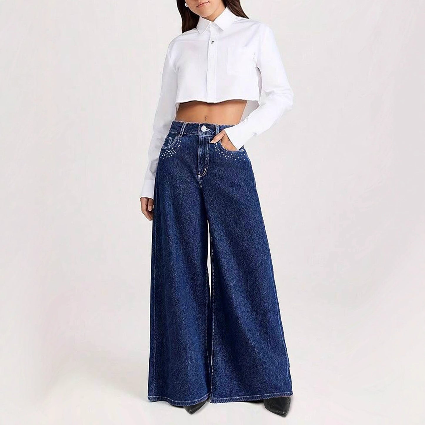 Denim Pants Women Rhinestone Pocket Wide Leg Long Pants