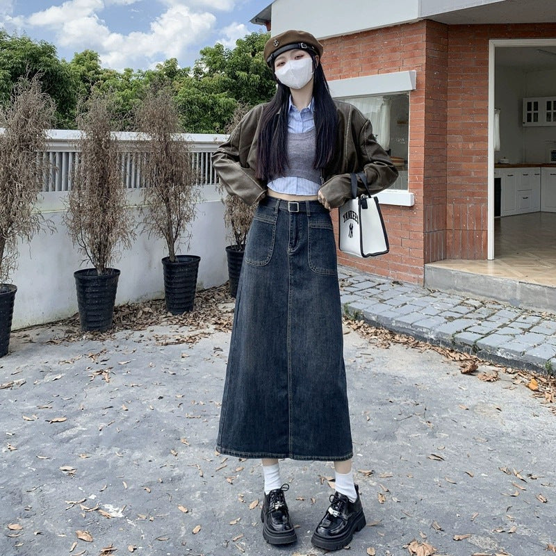 Vintage High-Waist Denim Midi Skirt for Women Split Design Slim Fit A-Line Skirt