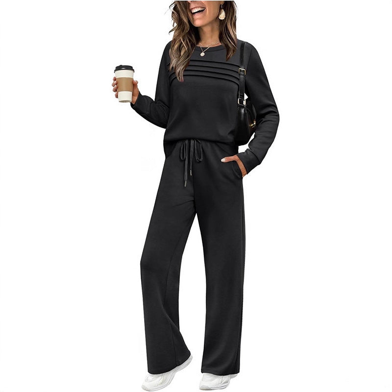 Solid color loose long sleeved top set