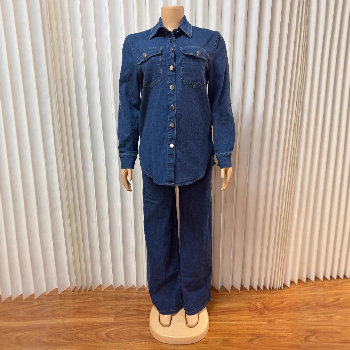 Fashionable Vintage Denim Shirt with Turn-Down Collar Long Sleeve Top and Straight Leg Pants Set for Women