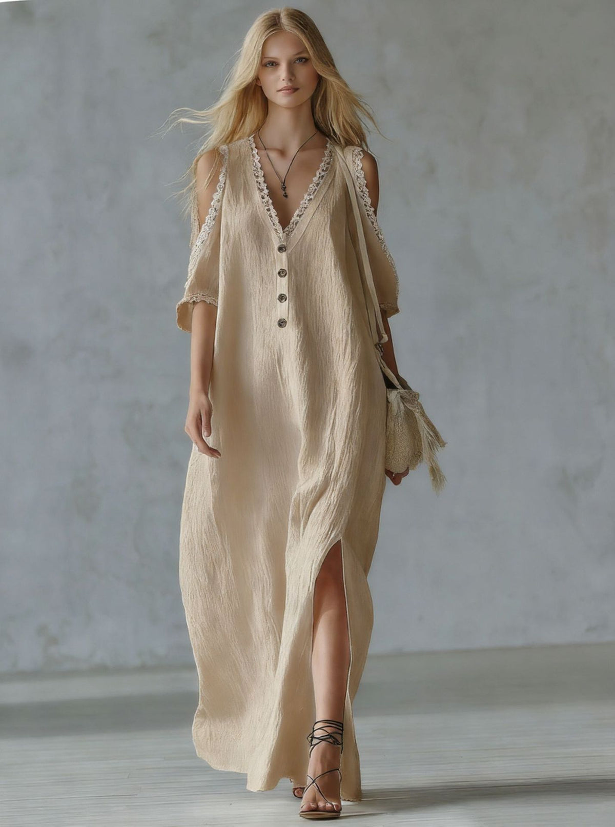 Style Lace Trim Loose Off-Shoulder Casual Women's Dress Long Dress