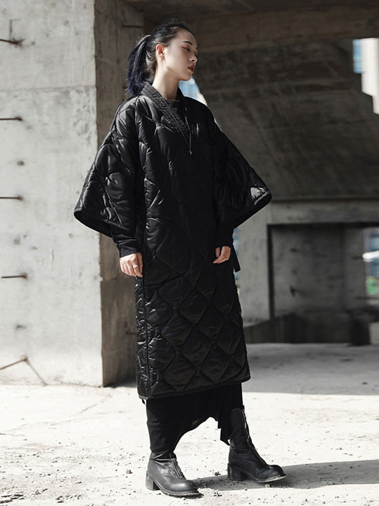 New Black Kimono Bandage Nightgown Women's One-Piece Down Cotton Padded Jacket Large Gourd Pattern Coat