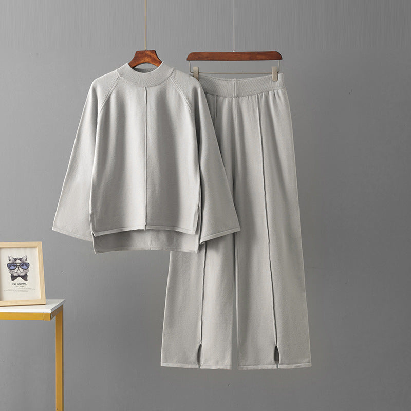 Solid color round neck sweater wide leg pants set