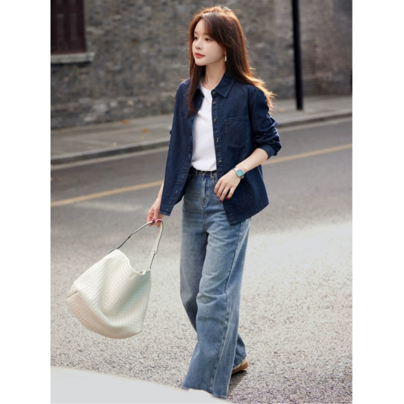 Vintage Washed Denim Shirt Jacket, Lightweight Outerwear, Feminine Style Women's Top